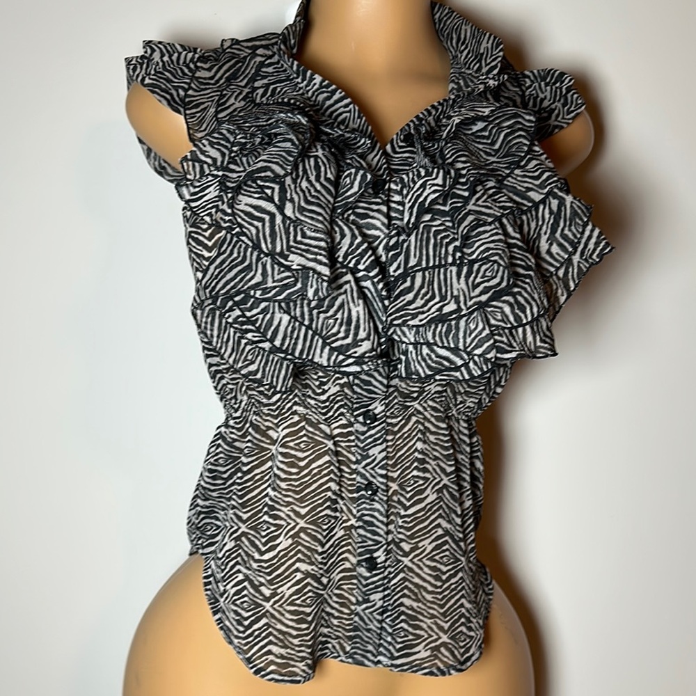 Miley Cyrus & Max Azria Black and White Ruffled Sleeveless Blouse